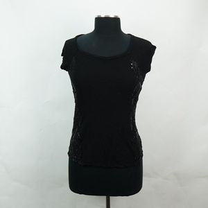 Beaded and Sequins Black Wide Neck T Shirt S